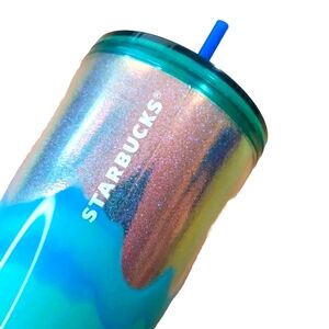 Starbucks Cold Cup Tumbler Straw Lid Silver Glitter Blue Ombre 2022 24 Oz NWT